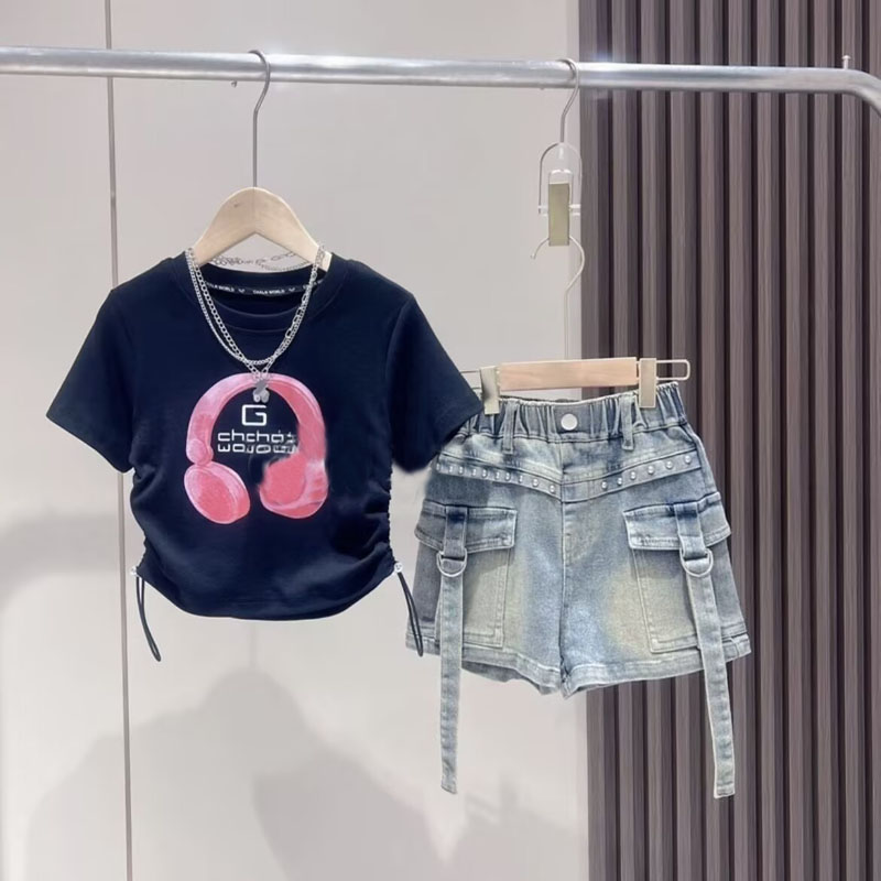 女童夏季套装2025新款韩版儿童洋气中大童短袖T恤牛仔短裤两件套