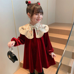 女童连衣裙秋冬装公主裙儿童装小女孩时尚洋气网纱裙中国风拜年服