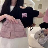 裤 女童短袖 儿童女两件套潮 新款 宝宝字母印花T恤工装 套装 2025夏季