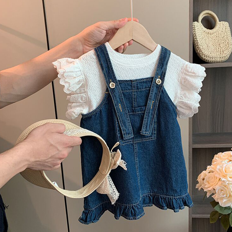 女童牛仔背带裙套装洋气夏装2025新款时髦韩系儿童女宝宝短袖套裙