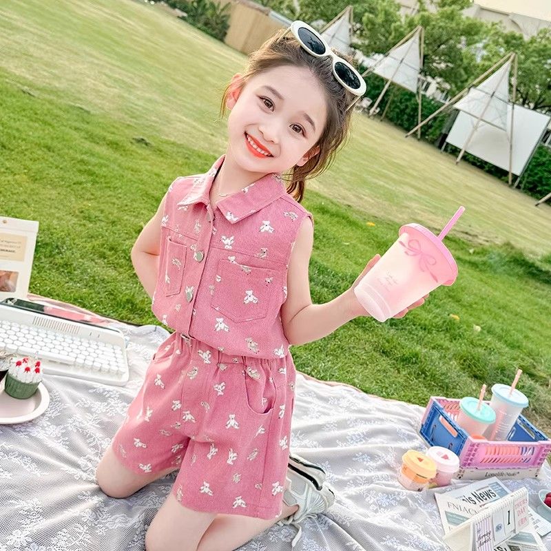 女童套装夏装2025新款儿童装网红炸街宝宝无袖工装牛仔短裤两件套