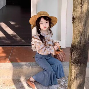 女童春装套装2026新款儿童春秋女宝宝洋气碎花衬衫喇叭裤两件套潮
