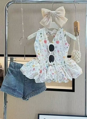 女童套装夏装洋气韩版破洞牛仔