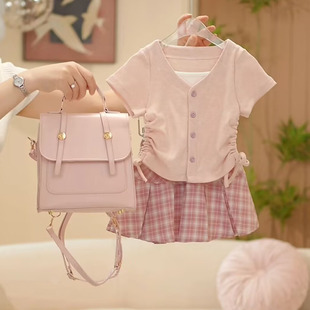 女童套装夏季2025新款儿童韩版两件套时尚洋气短袖格子短裙防走光