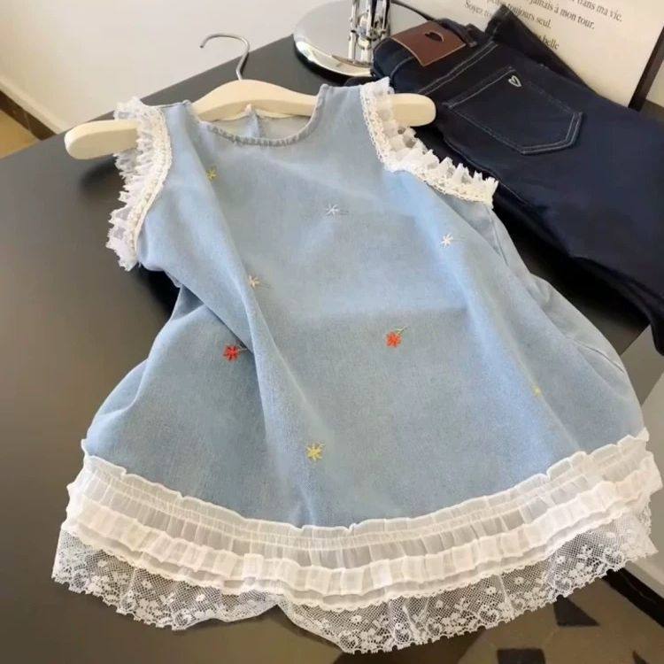 儿童牛仔裙夏季2026新款儿童女宝宝无袖连衣裙洋气蕾丝背心裙子潮