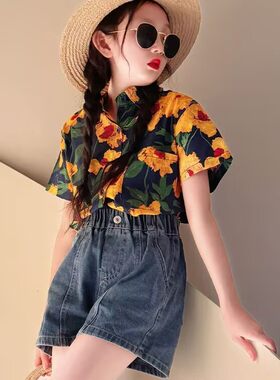 女童套装夏装衬衫牛仔短裤两件套