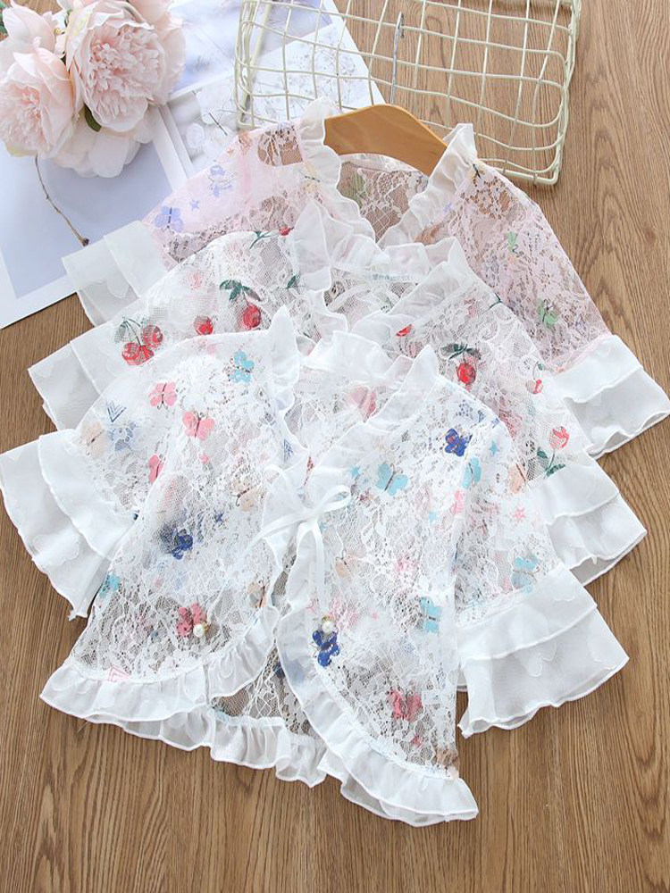 여아용 자외선 차단 의류 여름 다용도 속이 빈 베이비 숄과 양복 조끼 아동용 에어컨 셔츠 꽃무늬 외피 얇은 가디건