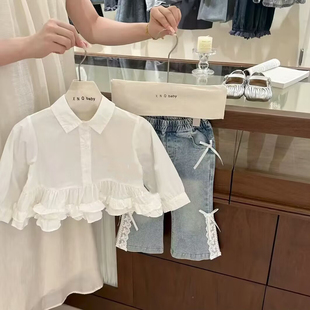 女童套装春装2026新款儿童法式蕾丝花边春秋洋气韩版牛仔裤两件套