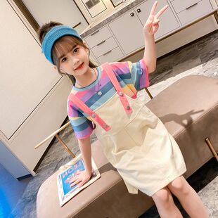 女童连衣裙夏装2026新款时尚韩版女孩条纹上衣背带裙儿童两件套装