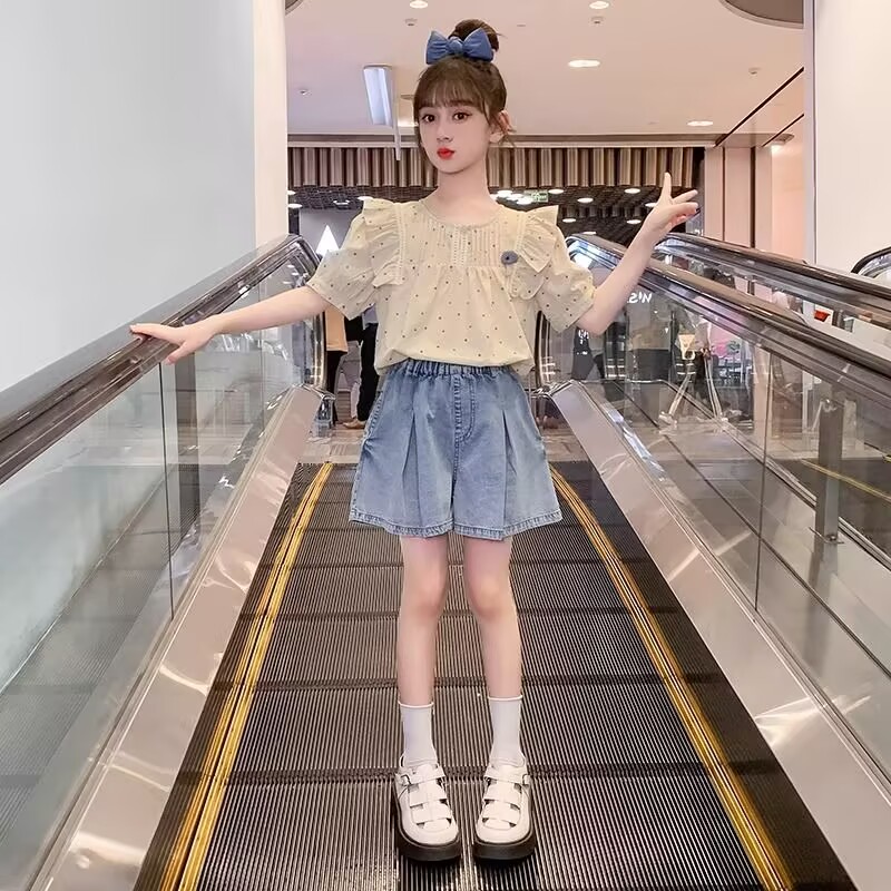 女童套装夏装牛仔裤娃娃衫两件套