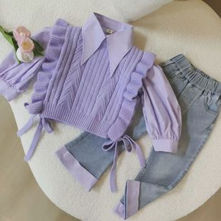 套装 春秋宝宝牛仔裤 2025新款 洋气马甲衬衫 儿童三件套 韩版 女童秋装