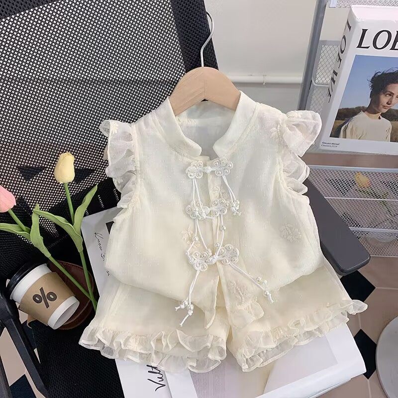 女童夏装套装2025新款洋气儿童蕾丝花边新中式宝宝上衣短裤两件套,童装/婴儿装/亲子装,套装,淘宝优惠券,粉丝福利购,淘宝优惠卷