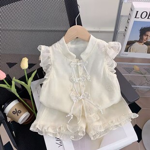 女童夏装套装2026新款洋气儿童蕾丝花边新中式宝宝上衣短裤两件套