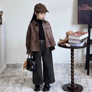 复古夹克外套毛衣春秋阔腿裤 儿童套装 三件套 2025新款 女童皮衣秋季