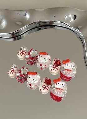 高级感片白色短款美甲穿戴甲钻可爱心纯手工卡通kitt红色猫显法式