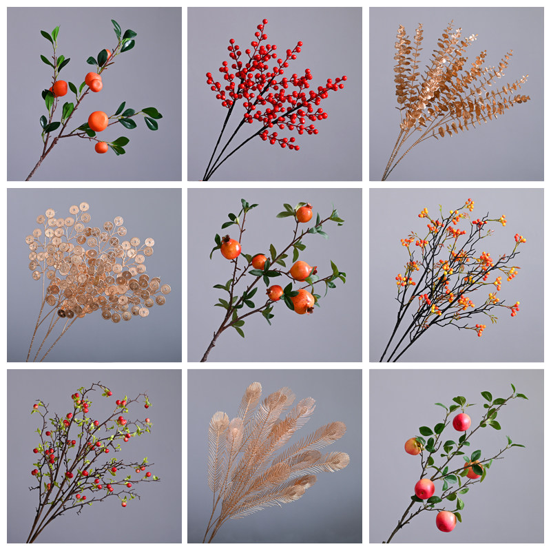 单只柿子装饰摆件仿真花尤加利叶小扇叶塑料花发财果客厅装饰摆放