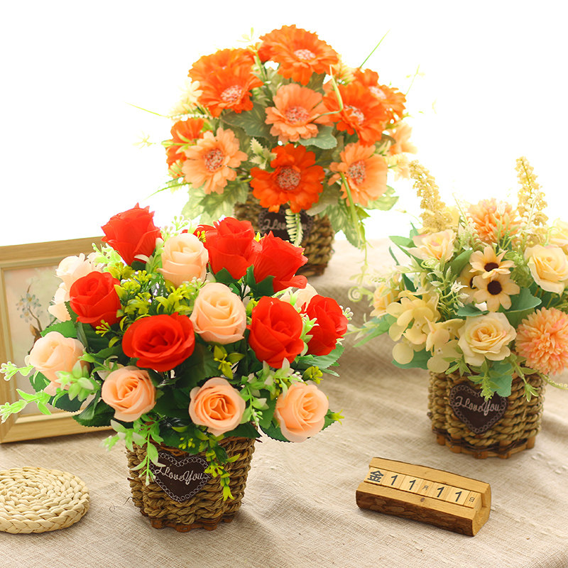 装饰花假花客厅摆件小清新盆栽草编藤编篮室内摆设草编仿真花花篮