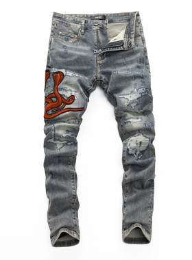 2025四季新款破洞小脚修身男士黑色潮夜店港风乞丐紧身高品质MAIR