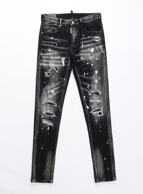 2025春夏新款破洞小脚修身男士蓝色潮夜店港风乞丐紧身高品质DSQ2