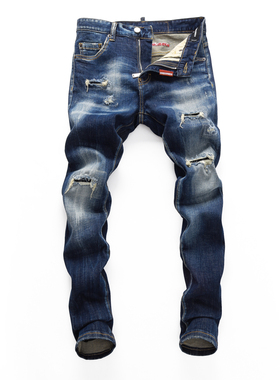 2023秋冬新款破洞小脚修身男士蓝色潮夜店港风乞丐紧身高品质DSQ2