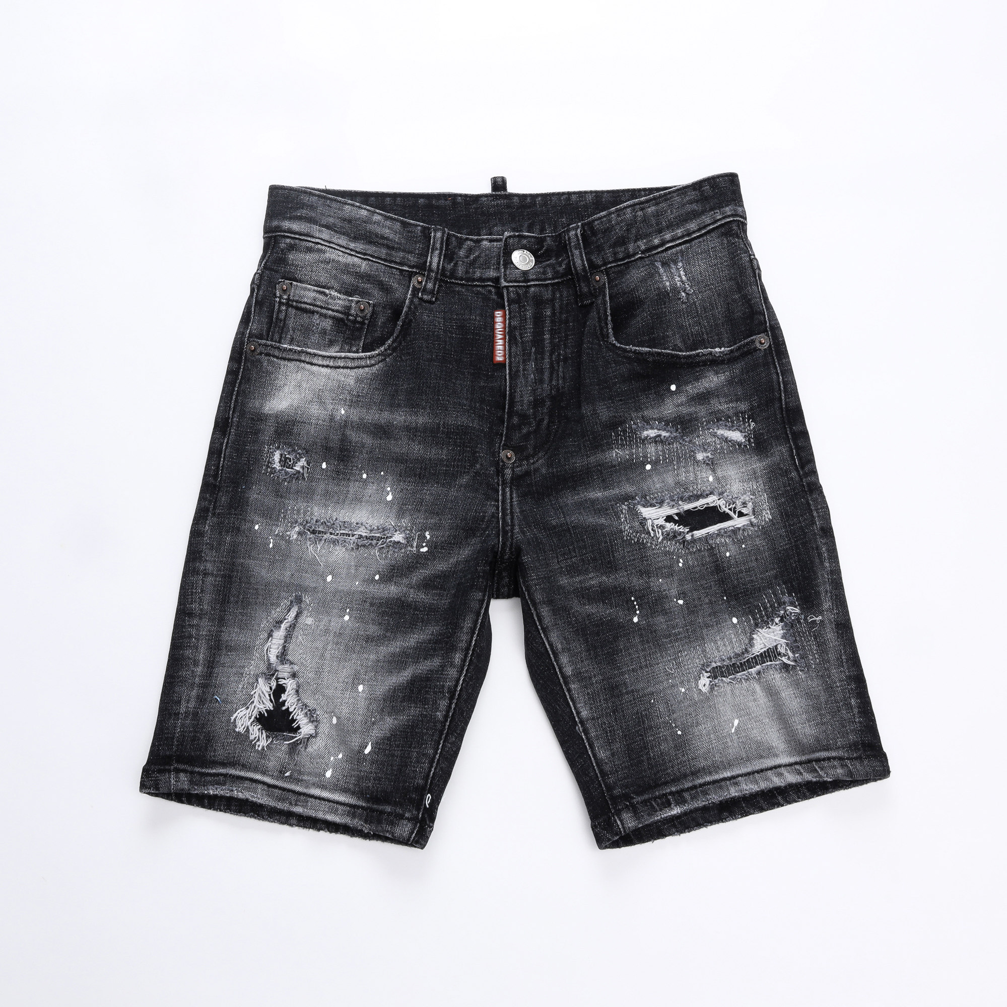 2025春夏新款破洞破洞泼墨男士黑色潮港风乞丐品质DSQ2牛仔短裤