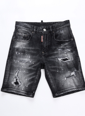 2025春夏新款破洞破洞泼墨男士黑色潮港风乞丐品质DSQ2牛仔短裤