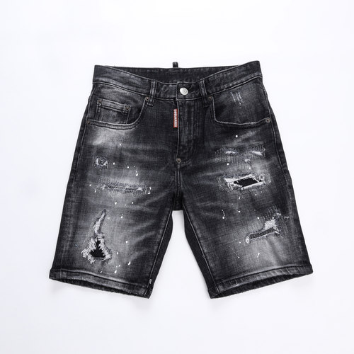 2025春夏新款破洞破洞泼墨男士黑色潮港风乞丐品质DSQ2牛仔短裤