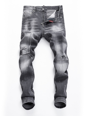 2023春秋新款补丁小脚修身男士大学生潮夜店港风灰色紧身高品质D2