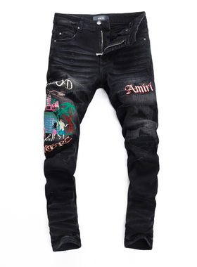 AM秋冬新款破洞小脚男士破洞潮夜店港风黑色高品质艾米尔男广州