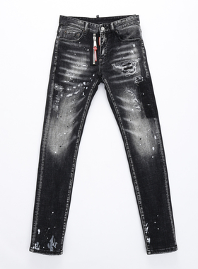 2025新款破洞小脚修身男士黑泼墨潮夜店港风破洞紧身高品质DSQ2