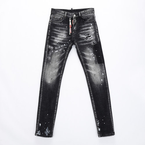 2025新款破洞小脚修身男士黑泼墨潮夜店港风破洞紧身高品质DSQ2