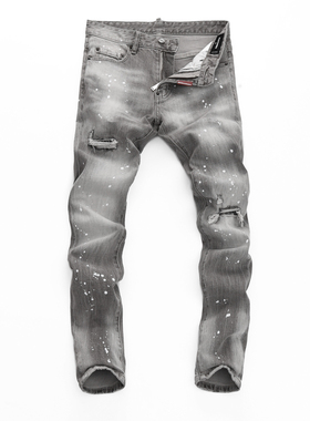 2024春夏新款破洞小脚修身男士灰色潮夜店港风乞丐紧身高品质DSQ2