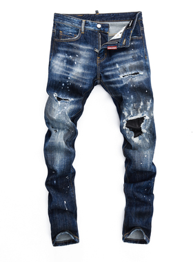 2024春夏新款破洞小脚修身男士蓝色潮夜店港风破洞紧身高品质DSQ2