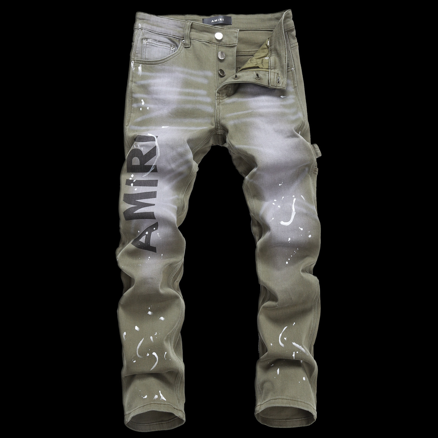 2025AM泼墨小脚男士破洞潮夜店港风绿色广州补丁男牛仔裤