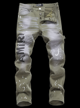 2025AM泼墨小脚男士破洞潮夜店港风绿色广州补丁男牛仔裤