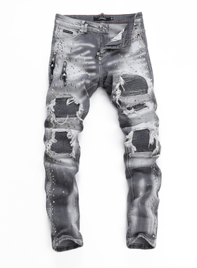 2025PP骷髅头新款破洞小脚男士破洞灰色港风高修身广州货男长裤