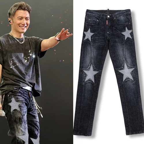 2025D2泼墨小脚男士夜店港风蓝色五角星谢霆锋明星广州男牛仔裤