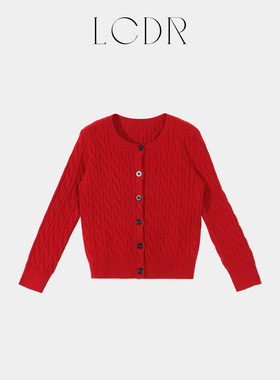 LCDR2024新款红色修身显瘦上衣长袖宽松绞花圆领针织开衫毛衣外套