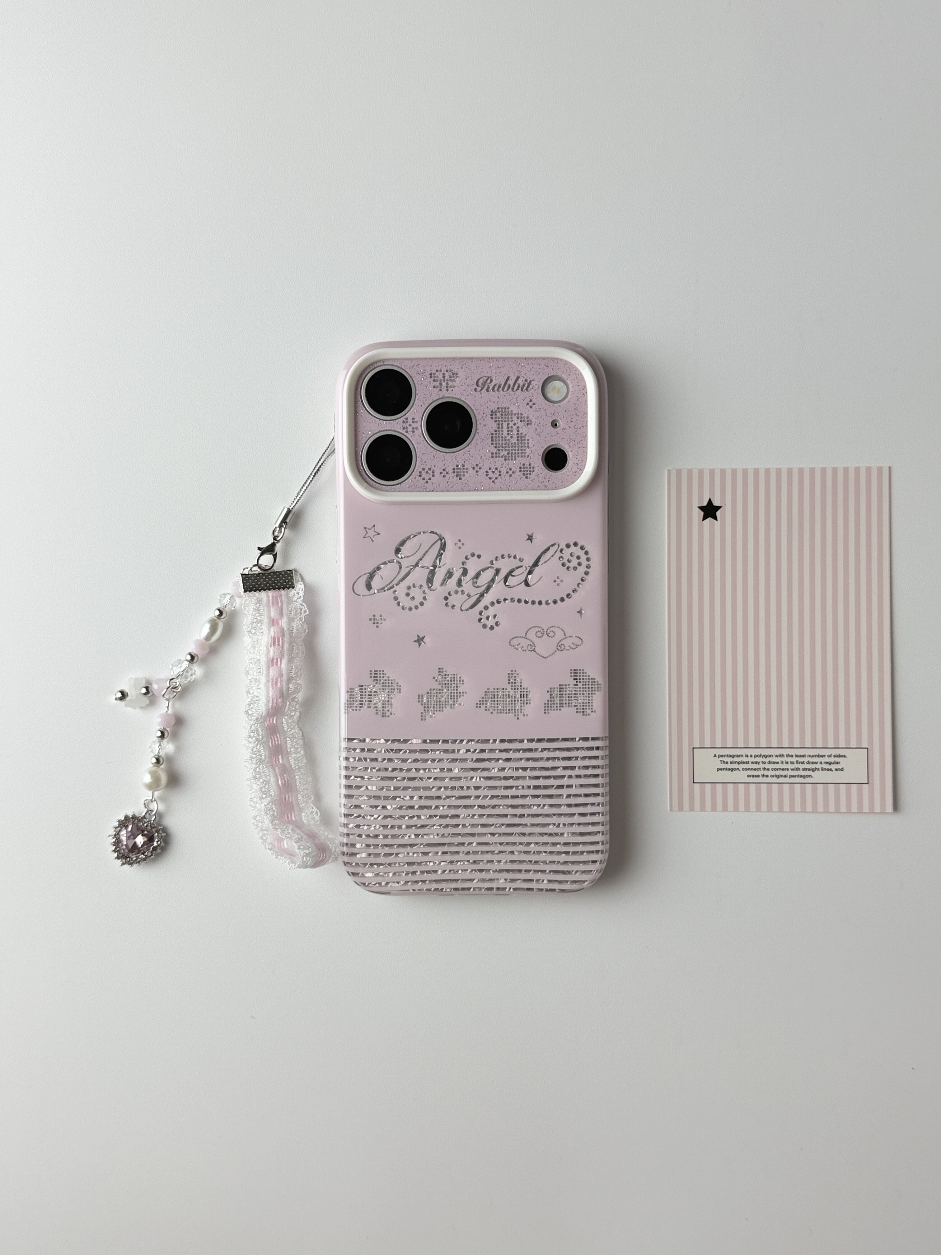 西多士ins少女粉闪Angel兔子iPhone18ProMax手机壳 复古细闪英文蕾丝珍珠挂链保护壳