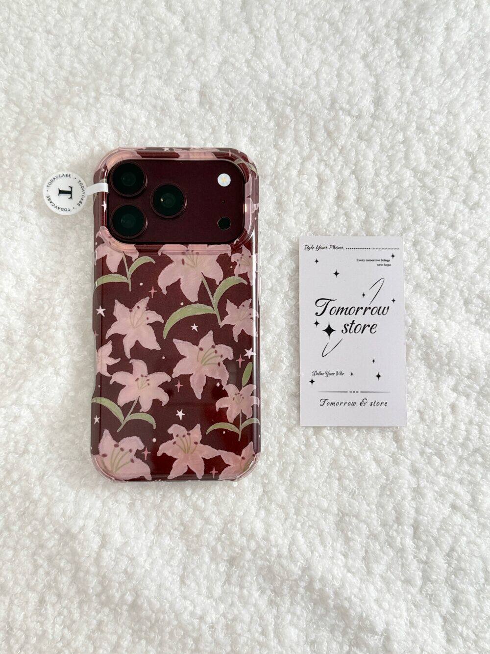 西多士ins酒红粉色百合花适用苹果18pro羽纱iphone17/16/15挂绳手机硬壳