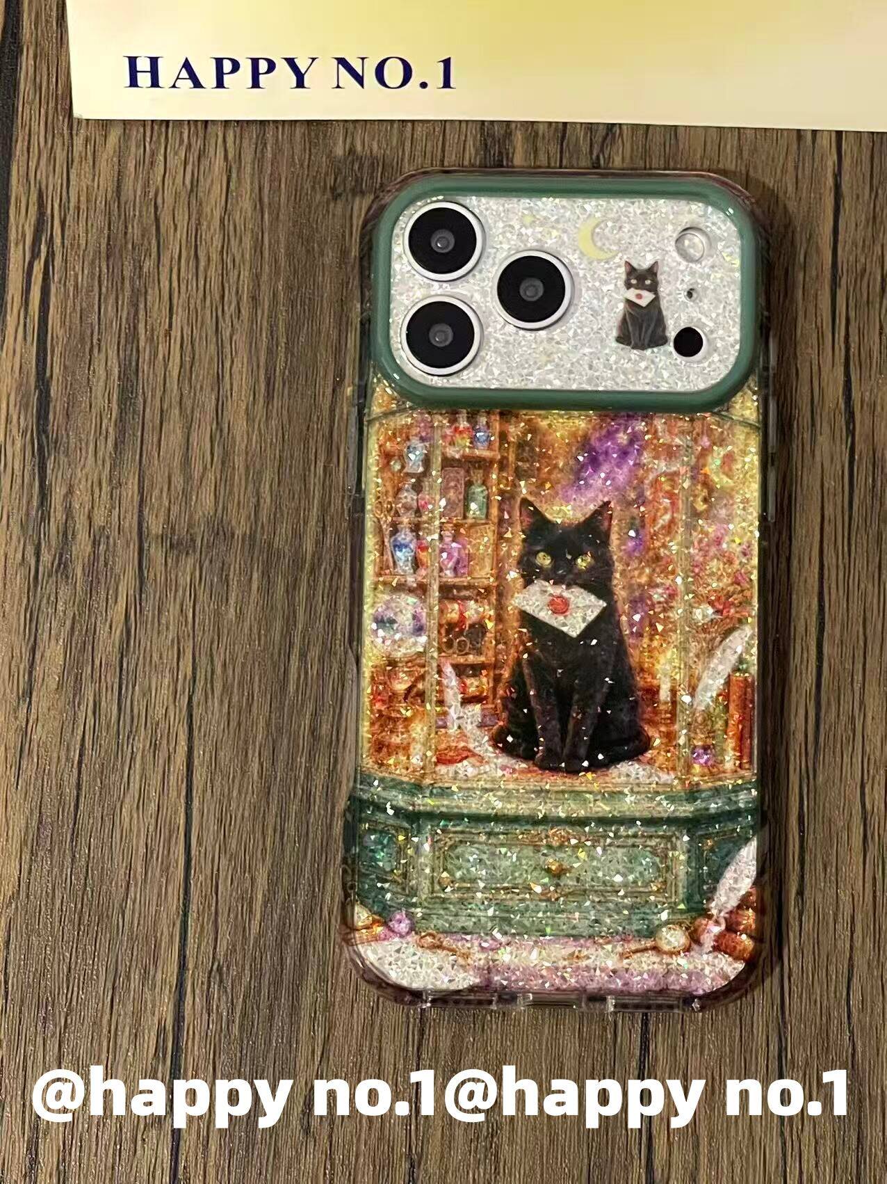 西多士古早闪钻爱心信封小黑猫适用苹果iPhone手机壳防摔双层16少女