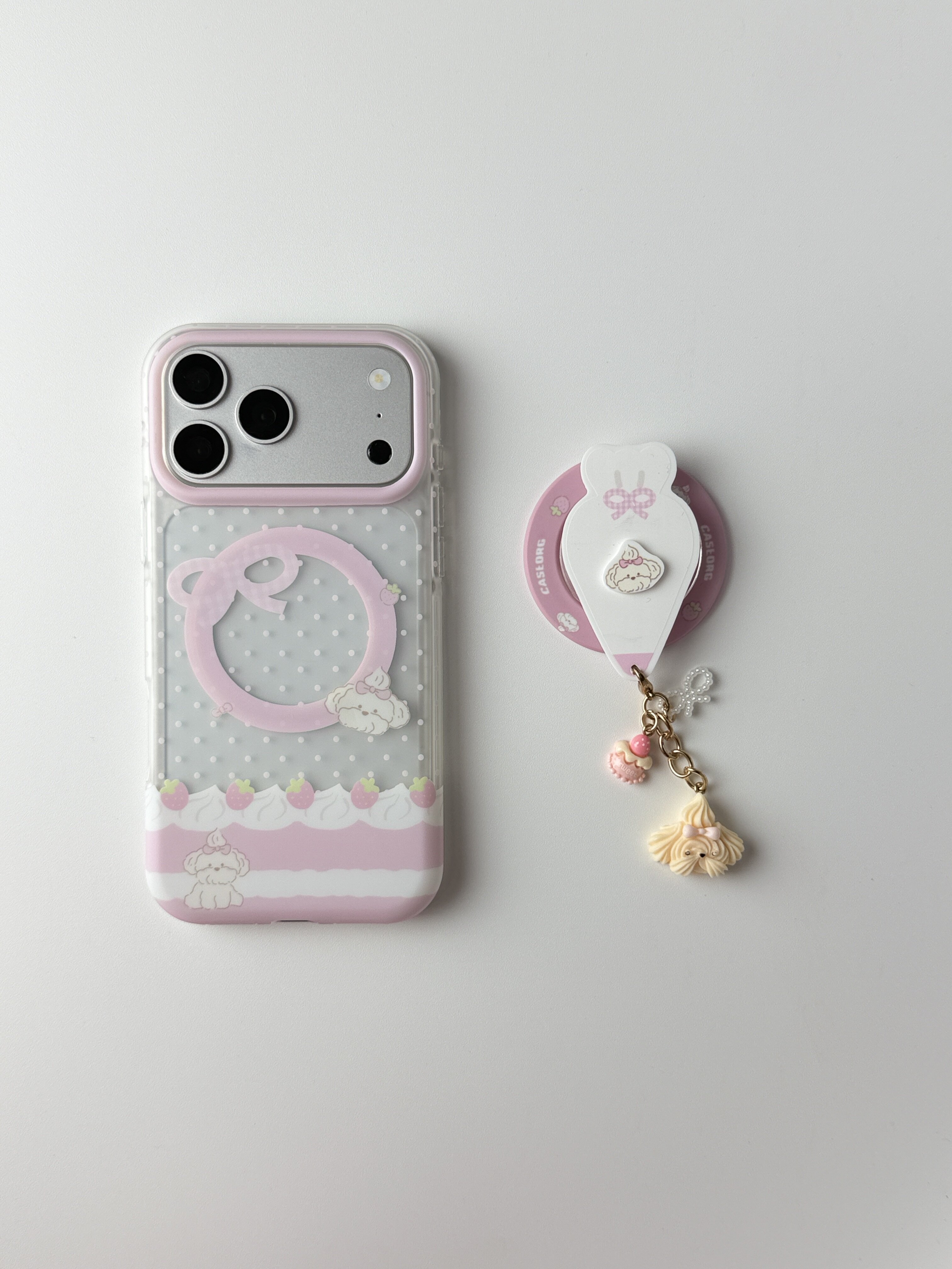 西多士甜妹草莓奶油小狗挂坠手机壳iPhone16 14 18 15 17 波点磁吸支架保护壳