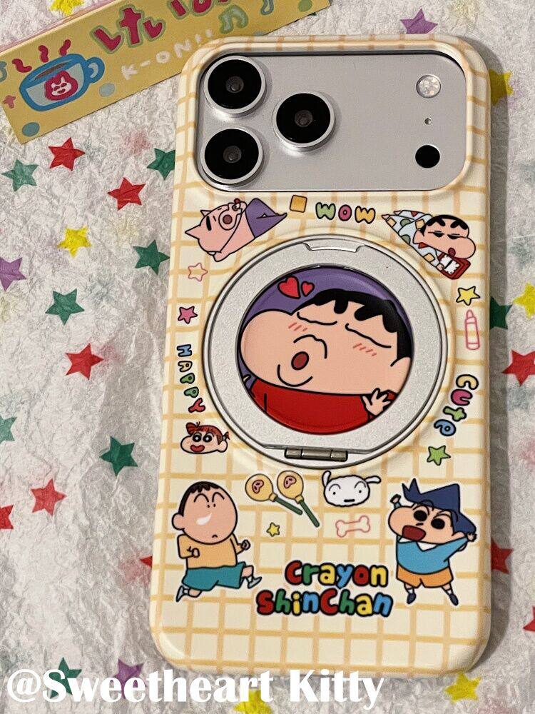 西多士黄色格纹菲林蜡笔小新旋转支架适用iphone17promax苹果16手机壳15