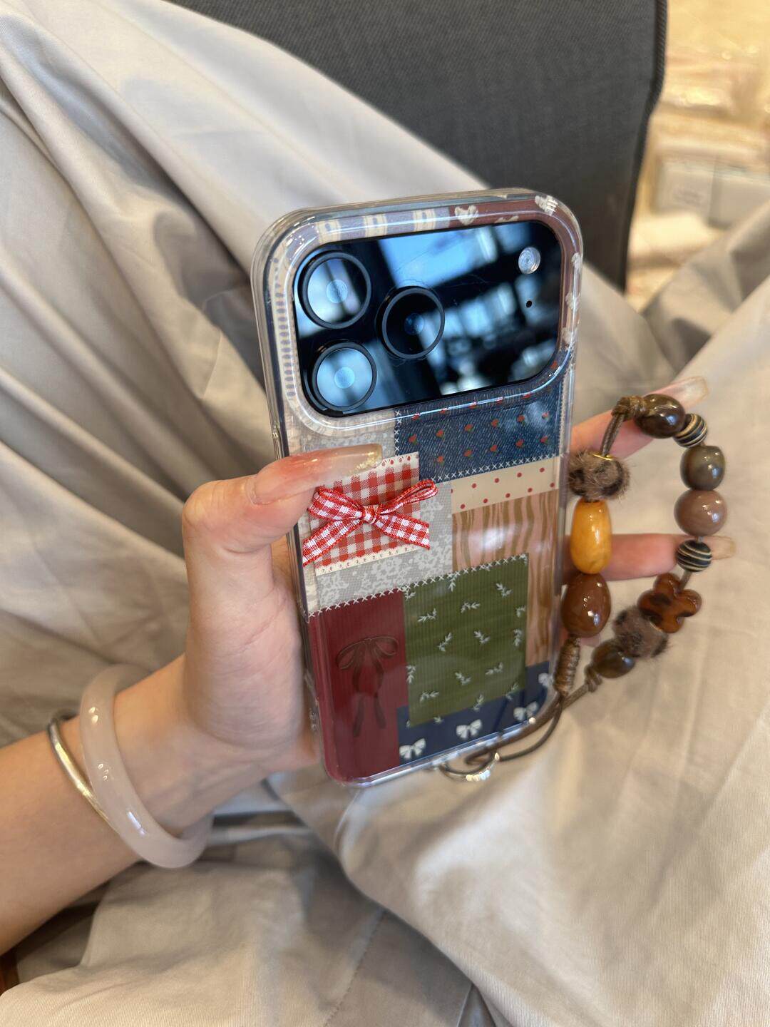 西多士复古撞色拼接格纹蝴蝶结适用苹果16promax手机壳iphone13新款15女14pro带挂绳17pro全包双层防摔手机套