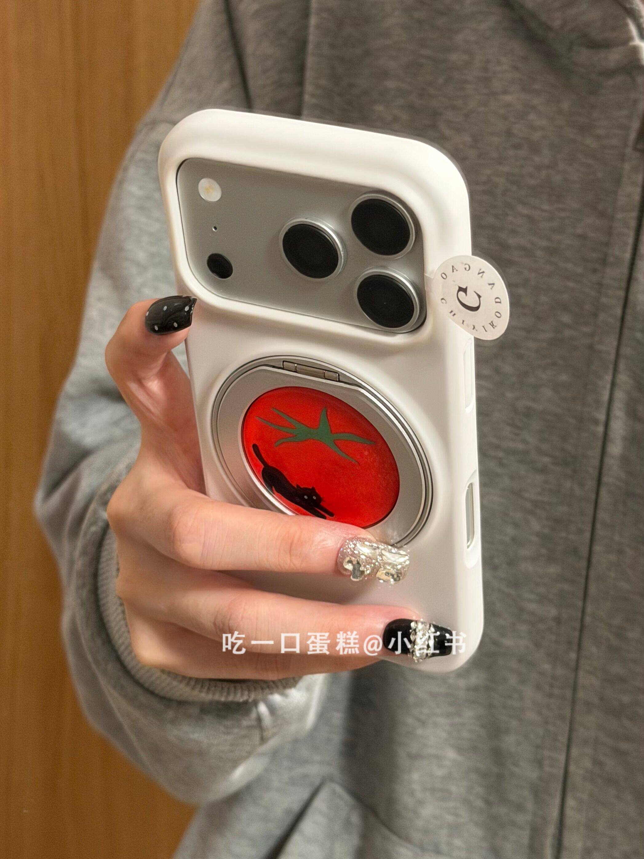 西多士白底红圈西红柿黑猫咪360旋转支架适用苹果17promax手机壳iphone1615