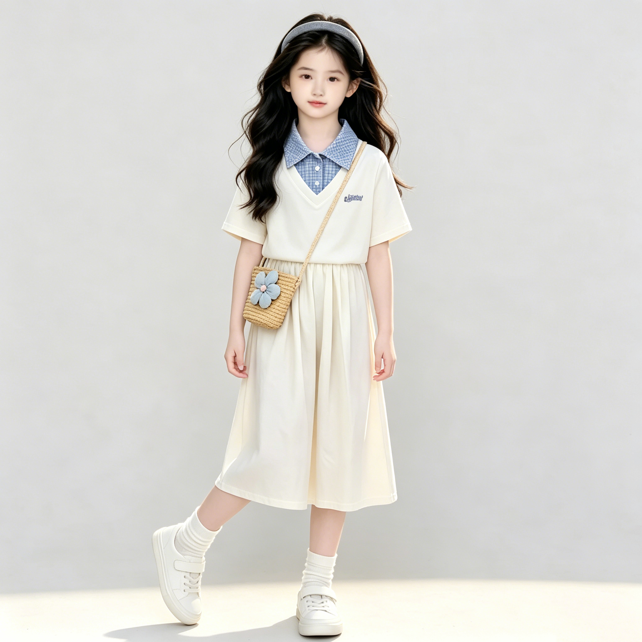 女童拼色polo衫短袖套装