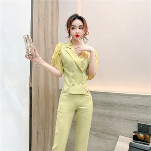 RM10152#夏季新款高级感时尚拼接雪纺西装上衣+修身九分裤套装女
