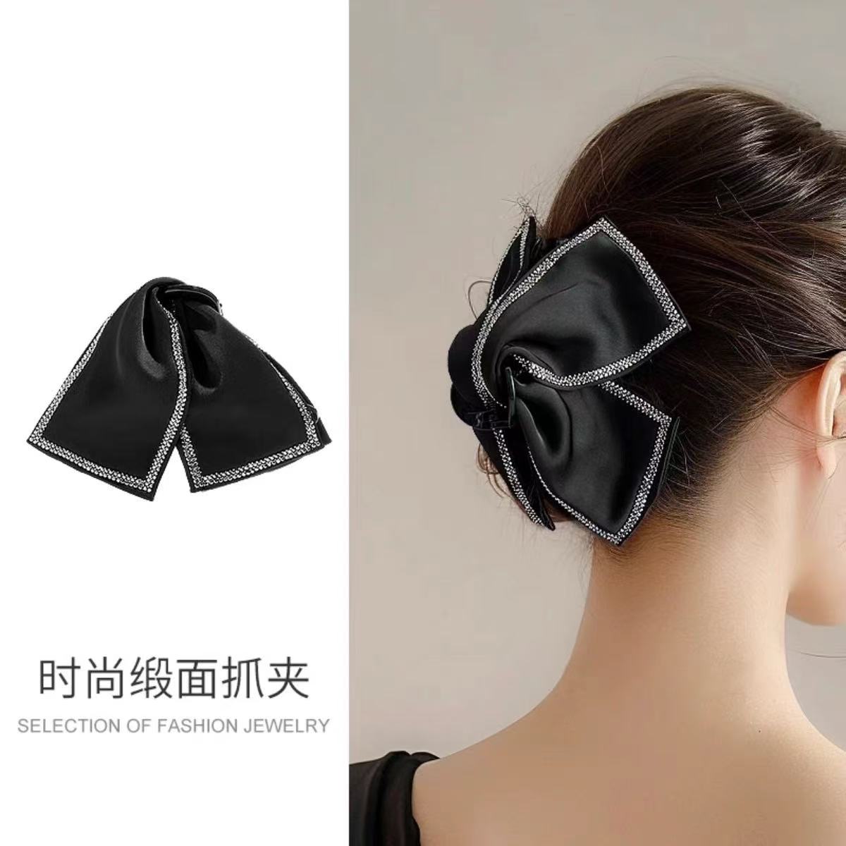 【满天星】2025夏季新品缎面抓夹小香风黑色女士满钻发夹发饰F001