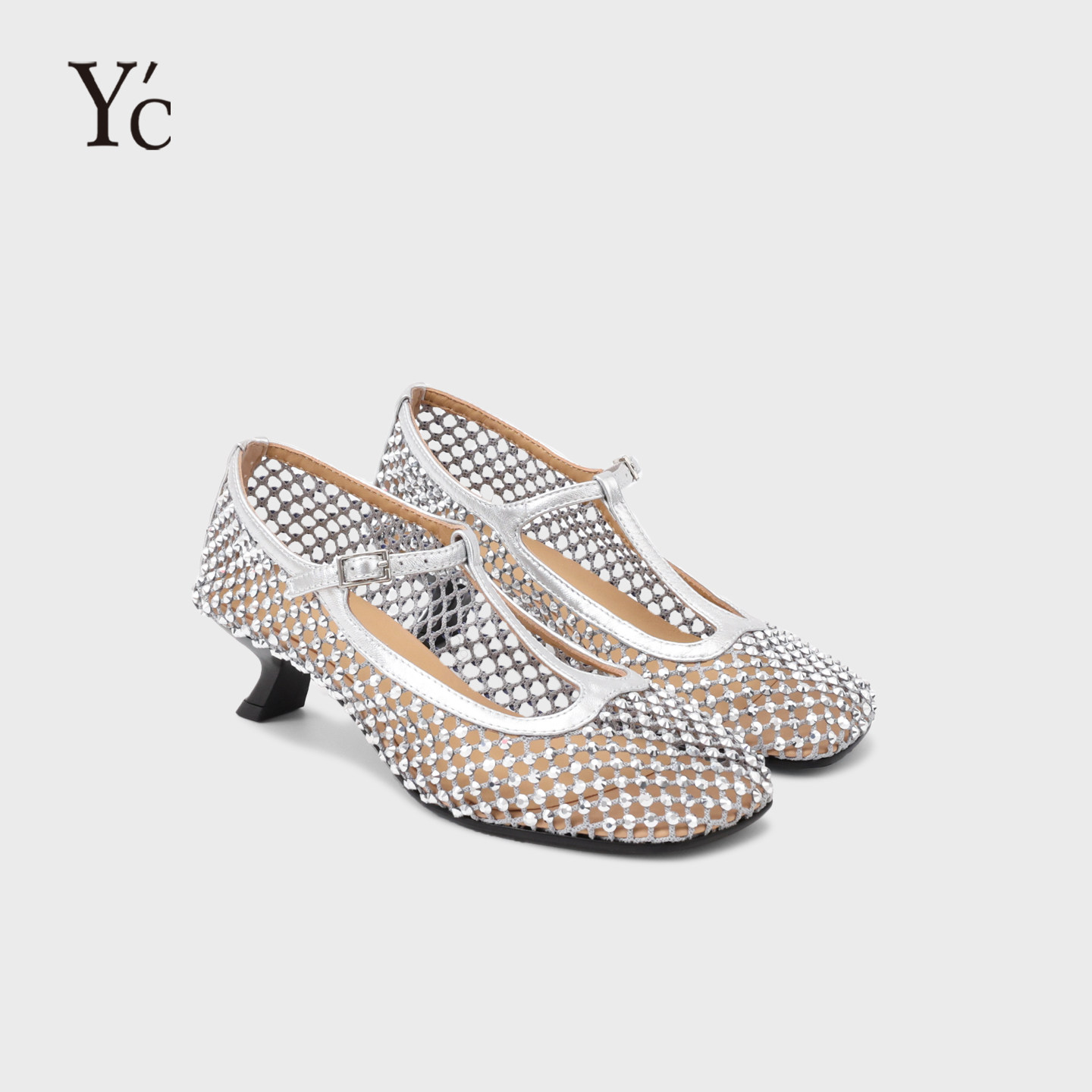 YC|26设计感水钻镂空一字带高跟凉鞋女夏新款配裙子休闲玛丽珍鞋