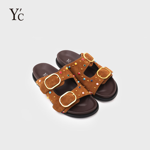 YC｜26夏季新款磨砂牛皮宝石铆钉双扣带一字拖时尚勃肯外穿凉拖潮